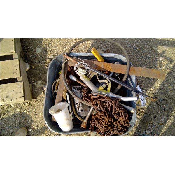 Pail of chains, tools and misc items