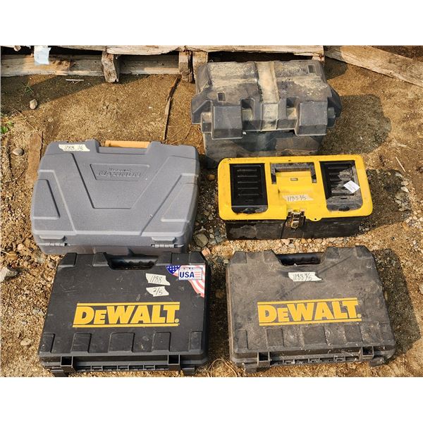 5 assorted tool cases - 1 battery case, Dewalt tool cases, Mastercraft case, etc.