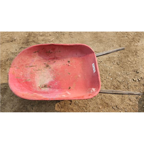 Large red wheel barrow - little rust, wooden handles