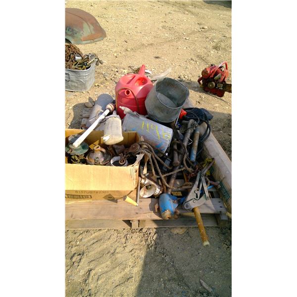 Pallet of calf puller, gas can, funnel and misc