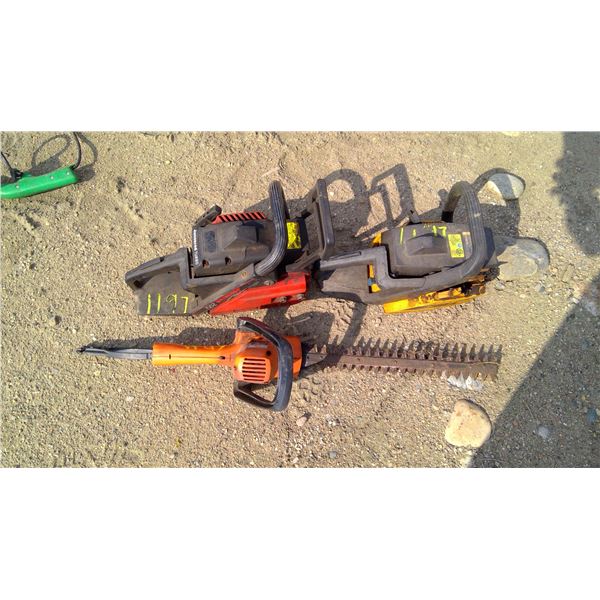 2 chainsaws and hedge trimmer