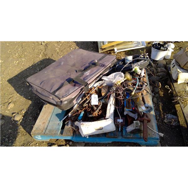 Pallet of hose, jack, saws, chain and misc.