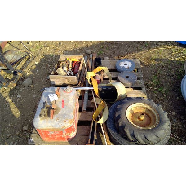 Gas tank tires, grinding wheels, tools and misc on pallet