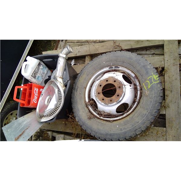 Tire/rim and bucket of misc