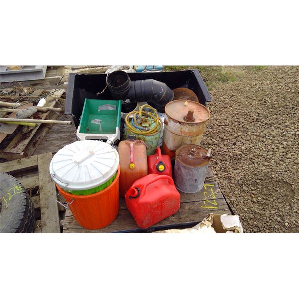 gas cans, garbage pails, toy truck and misc. on pallet