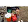 Image 1 : gas cans, garbage pails, toy truck and misc. on pallet