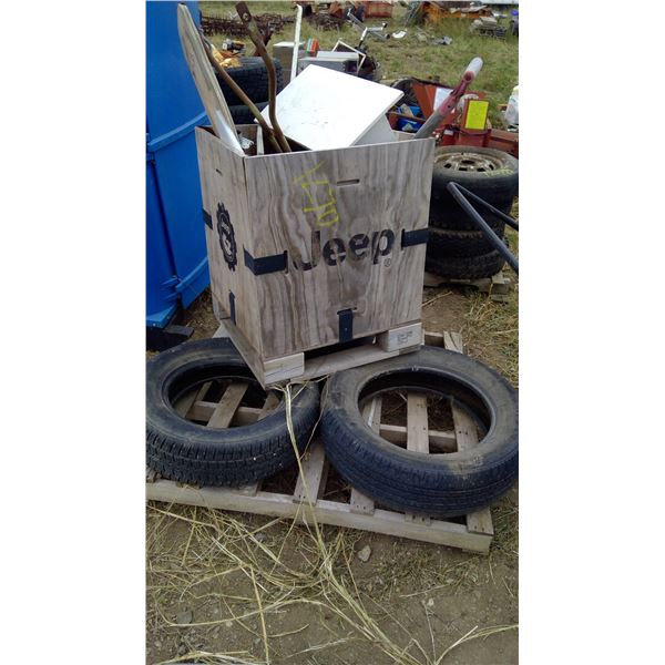 3 tires, shovels adnd misc on pallet