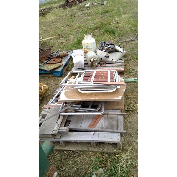 chairs, tables, cabbage cutter, propane tanks and misc vehcile components on 2 pallets