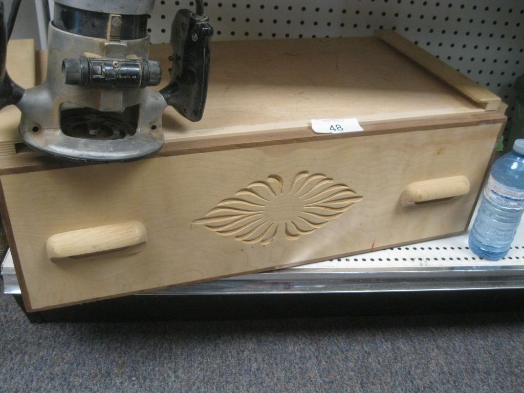 router w/ decorative wooden drawer of supplies