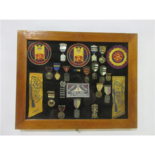 1930 Thru 1950's National Shooting Awards Collection-Rifle + Pistol- 25  X 20  In Hanging Shadow Box