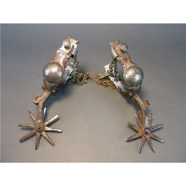 Unmarked Early California Double Mounted Silver Inlaid Spurs- .75" Bands- 2.75" Shanks- 3" 8 Point R