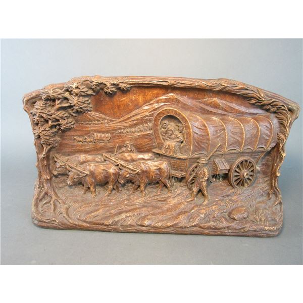 Chalkware Scene Of Oxen And Wagon- 16.5" X 9.5"