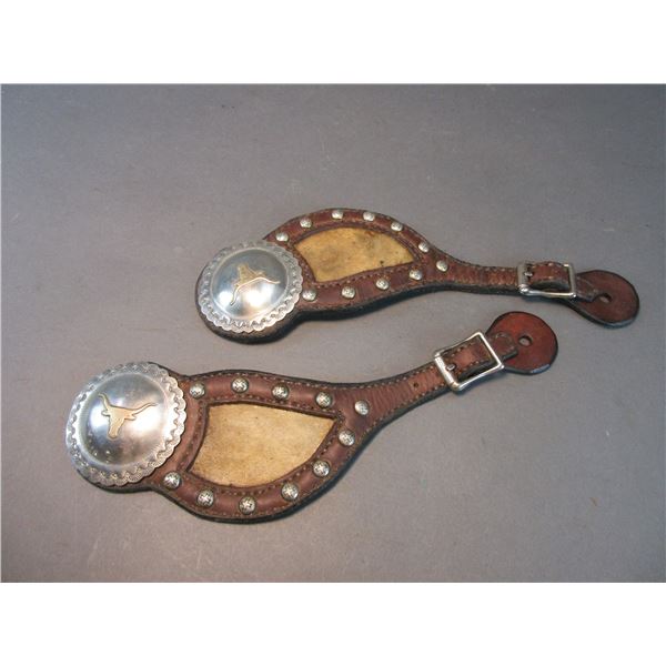 Dotted Rawhide Inlaid Spur Straps- Unmarked 2.8" Steerhead Domed Engraved Scalloped Conchos- Good Co