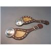 Image 1 : Dotted Rawhide Inlaid Spur Straps- Unmarked 2.8" Steerhead Domed Engraved Scalloped Conchos- Good Co