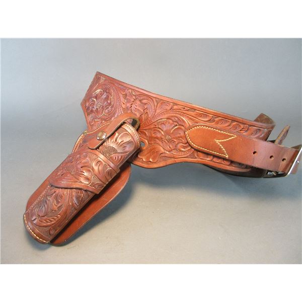 Marked H H Heiser Maker Denver Colo Tooled Gun Belt- 8" Lined Holster- 30 Loops- 44" X 3"- Great