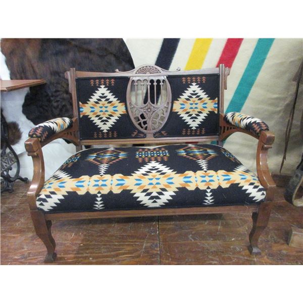 Walnut Harp Style Eastlake Love Seat- Covered With Pendleton Blanket- C 1900's- 32"H X 38"W X 22"D- 