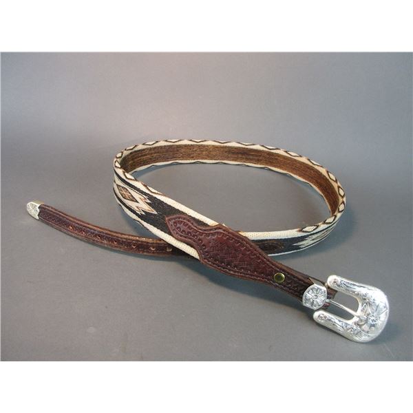 Prison Made Hitched Horsehair Belt With Stamped Leather- Ranger Buckle Marked Silver Plate- 47  X 1.