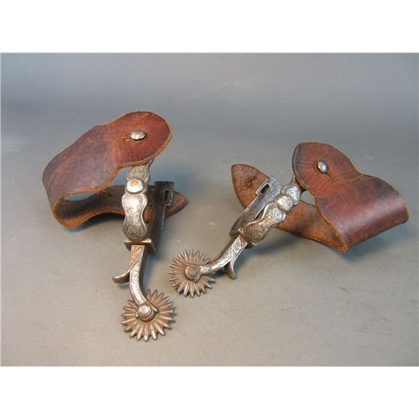 Marked Visalia Stock Saddle Co Silver Inlaid Spurs- .7" Bands- 2.25" Shanks- 20 Point Rowels- Chap G