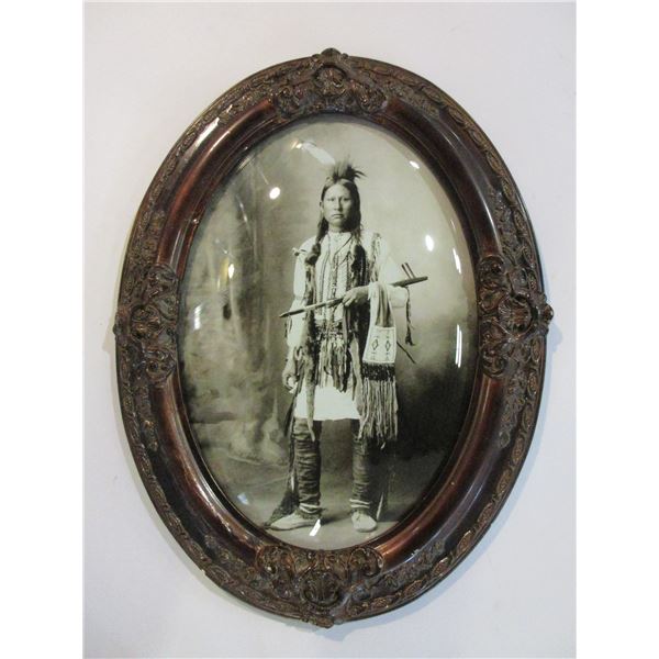 Oval Photo Of Indian Holding Tobacco Pipe- Embossed Frame- 25" X 18.5"