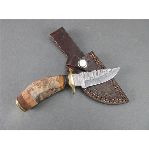 Damascus Knife With Rams Horn Handle- Sheath- 3" Blade- 3" Handle