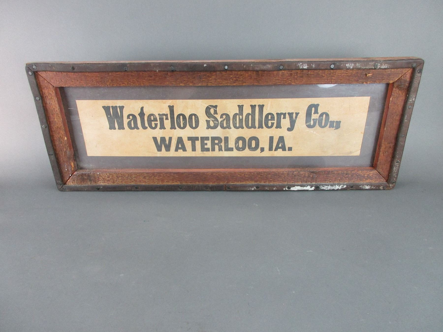 Antique Barnwood Framed Waterloo- Saddlery Co Waterloo IA Sign- 29