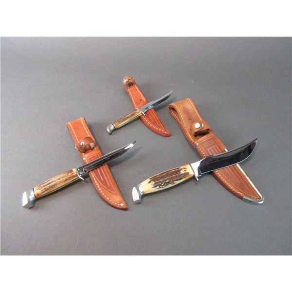 Set Of 3 Unused Case Knives With Original Sheaths- 5  Blade 4  Handle- 4  Blade 3.5  Handle- 3  Blad