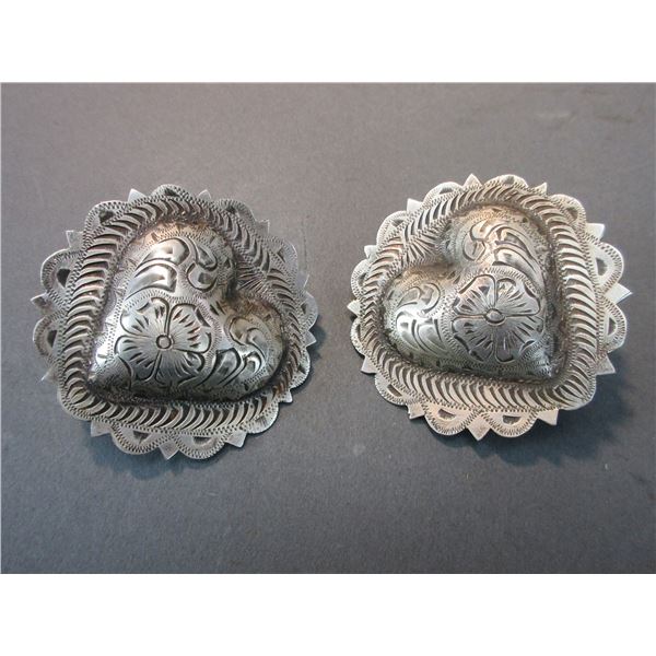 Unmarked Sterling Heart Conchos- Scalloped- Engraved- 2"