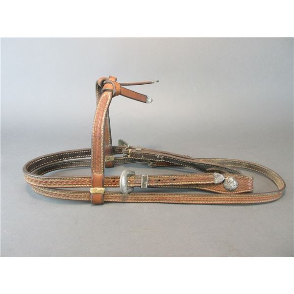 Leather Roll Stamped Headstall With 3 Ranger Buckle Sets- Buckles Marked DMI Silver Overlaid Mexico