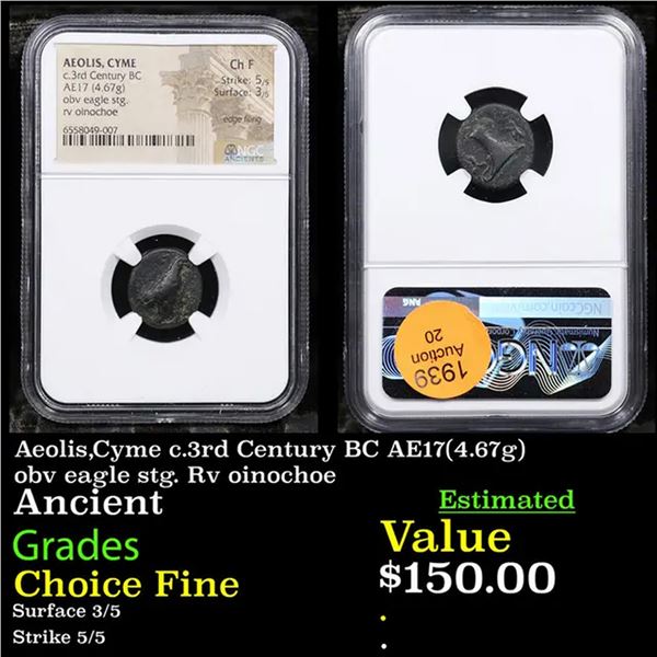 NGC Aeolis,Cyme c.3rd Century BC AE17(4.67g) obv eagle stg. Rv oinochoe Graded Choice Fine By NGC