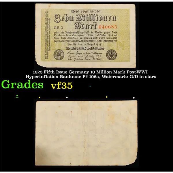 1923 Fifth Issue Germany 10 Million Mark Post-WWI Hyperinflation Banknote P# 106a, Watermark: G/D in