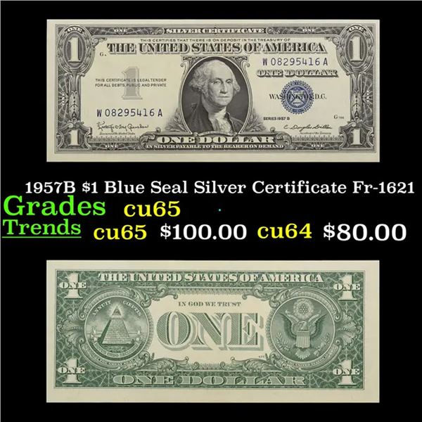 1957B $1 Blue Seal Silver Certificate Fr-1621 Grades Gem CU