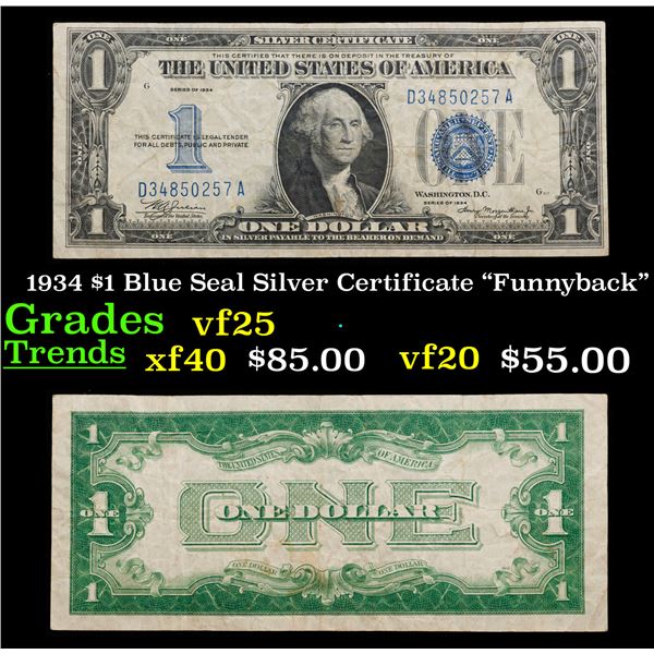 1934 "Funnyback" $1 Blue Seal Silver Certificate Grades vf+