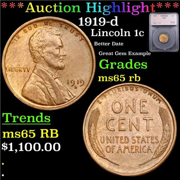 ***Auction Highlight*** 1919-d Lincoln Cent 1c Grades GEM Unc RB By SEGS (fc)