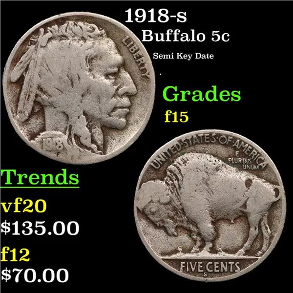 1918-s Buffalo Nickel 5c Grades f+