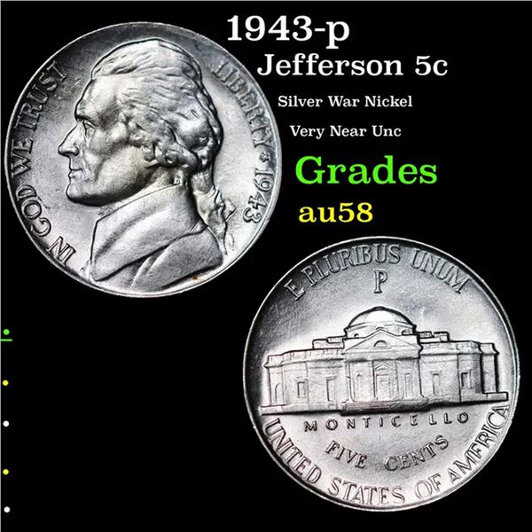 1943-p Jefferson Nickel 5c Grades Choice AU/BU Slider