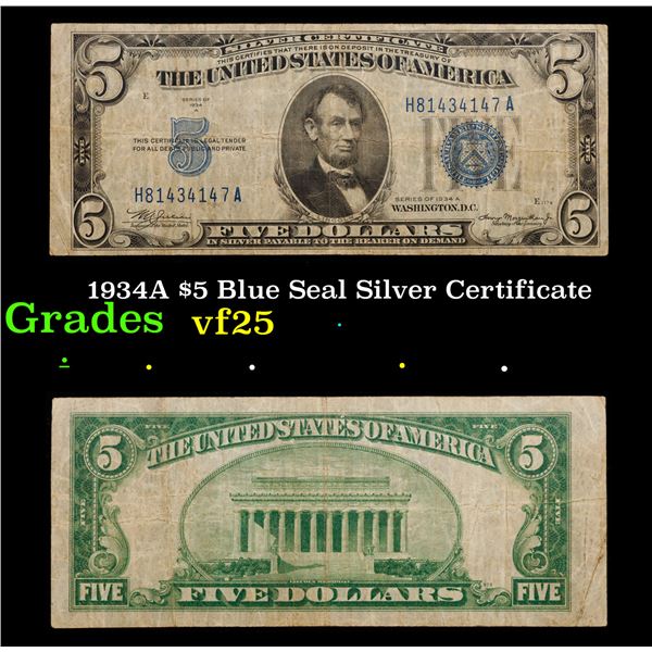 1934A $5 Blue Seal Silver Certificate Grades vf+