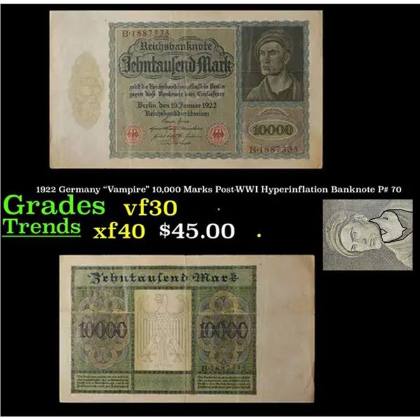 1922 Germany "Vampire" 10,000 Marks Post-WWI Hyperinflation Banknote P# 70 Grades vf++