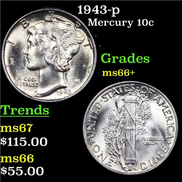 1943-p Mercury Dime 10c Grades GEM++ Unc