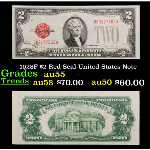 1928F $2 Red Seal United States Note Grades Choice AU