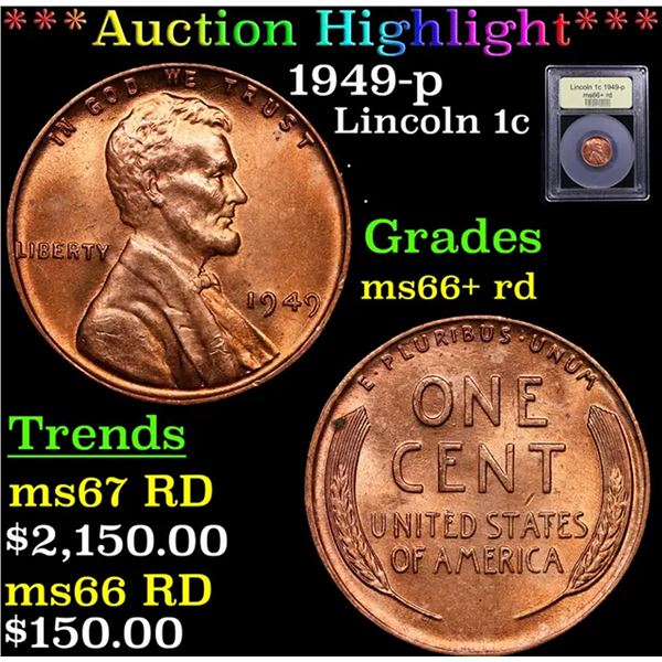 ***Auction Highlight*** 1949-p Lincoln Cent 1c Graded GEM++ RD By USCG (fc)