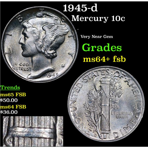 1945-d Mercury Dime 10c Grades Choice Unc+ FSB