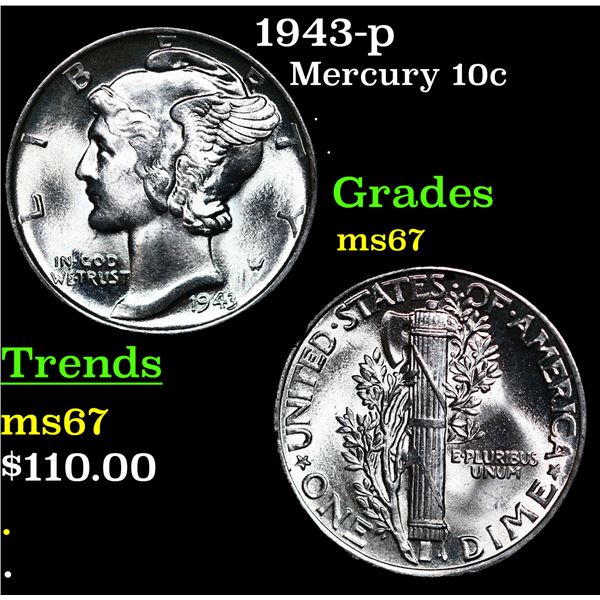 1943-p Mercury Dime 10c Grades GEM++ Unc