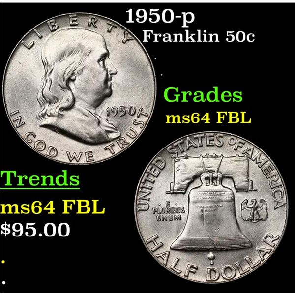 1950-p Franklin Half Dollar 50c Grades Choice Unc FBL