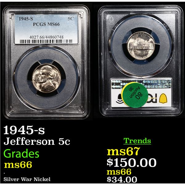 PCGS 1945-s Jefferson Nickel 5c Graded ms66 BY PCGS