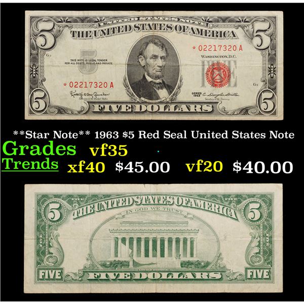 **Star Note** 1963 $5 Red Seal United States Note Grades vf++