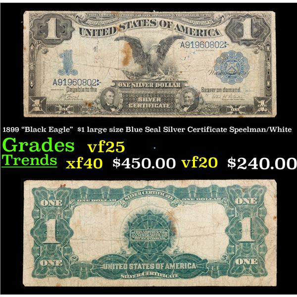 1899 "Black Eagle" $1 large size Blue Seal Silver Certificate Grades vf+ Signatures Speelman/White