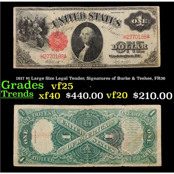 1917 $1 Large Size Legal Tender, Signatures of Burke & Teehee, FR36 Grades vf+