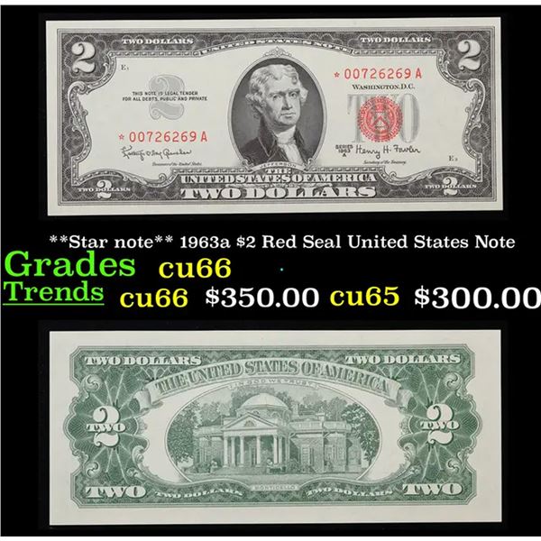 **Star note** 1963a $2 Red Seal United States Note Grades Gem+ CU