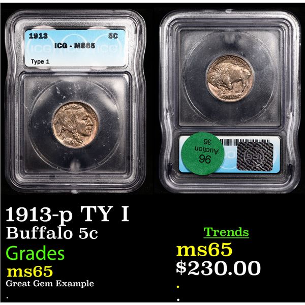 1913-p TY I Buffalo Nickel 5c Graded ms65 By ICG