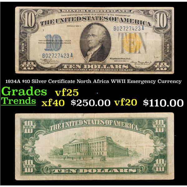 1934A $10 Silver Certificate North Africa WWII Emergency Currency Grades vf+